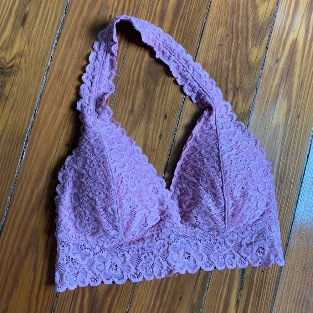 Pink halter top bralette with scalloped details